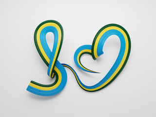 3d Flag Of Rwanda Heart Shaped Shiny Wavy Awareness Ribbon flag On White Background 3d illustration