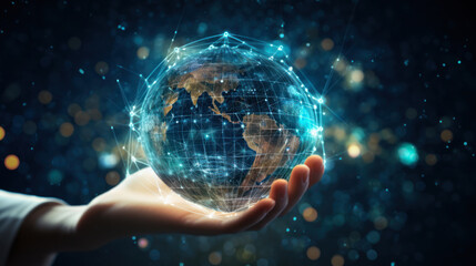 New technologies. Women's hands hold the globe with data exchange via connection technology. Global network connection, science, communication technologies.