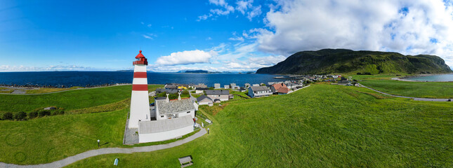 Airial view of the Alnes Fyr lightnouse on the coast of Norway - obrazy, fototapety, plakaty