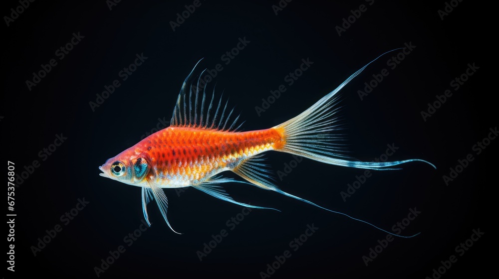 Poster a close up of a red and white fish on a black background with a light reflection on the side of the 