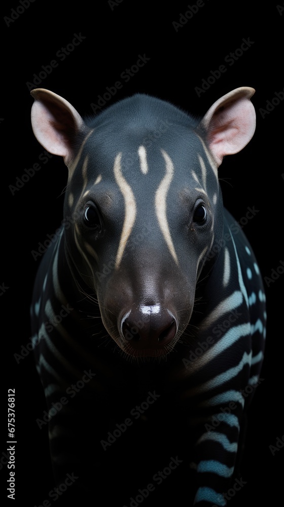 Poster a close up of a zebra's face with a zebra stripe pattern on it's body and a black background. genera