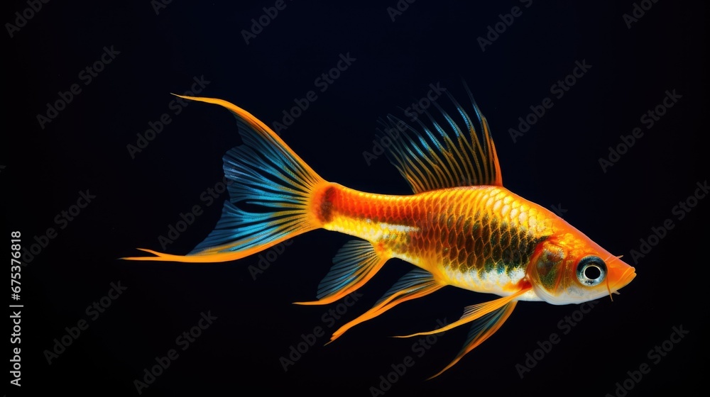 Poster a close up of a goldfish on a black background with a reflection of it's head in the water. generati