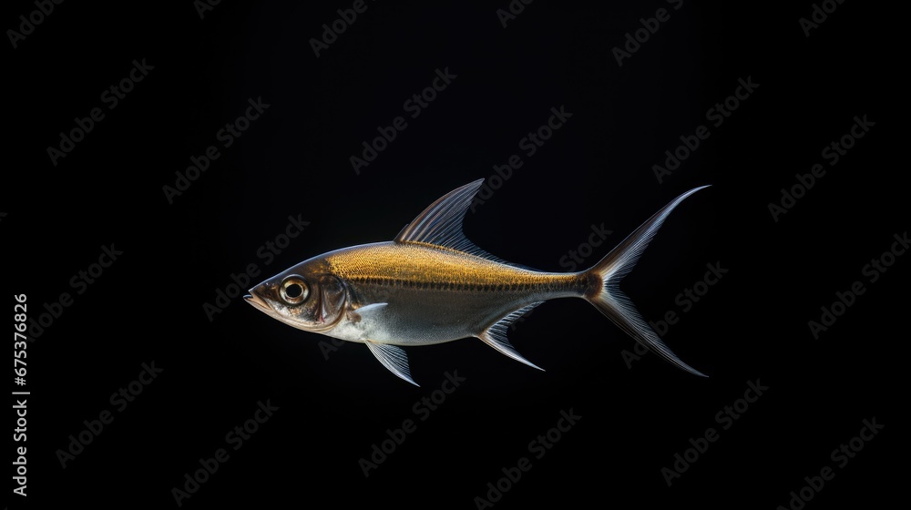 Poster a close up of a fish on a black background with a reflection of it's body in the water. generative a