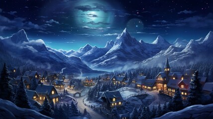a starry night sky over a picturesque town, where each house is adorned with glowing Christmas lights, capturing the peaceful ambiance of a silent night during the holiday season.