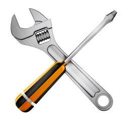 Crossed wrench and screwdriver isolated on white background. 3D illustration