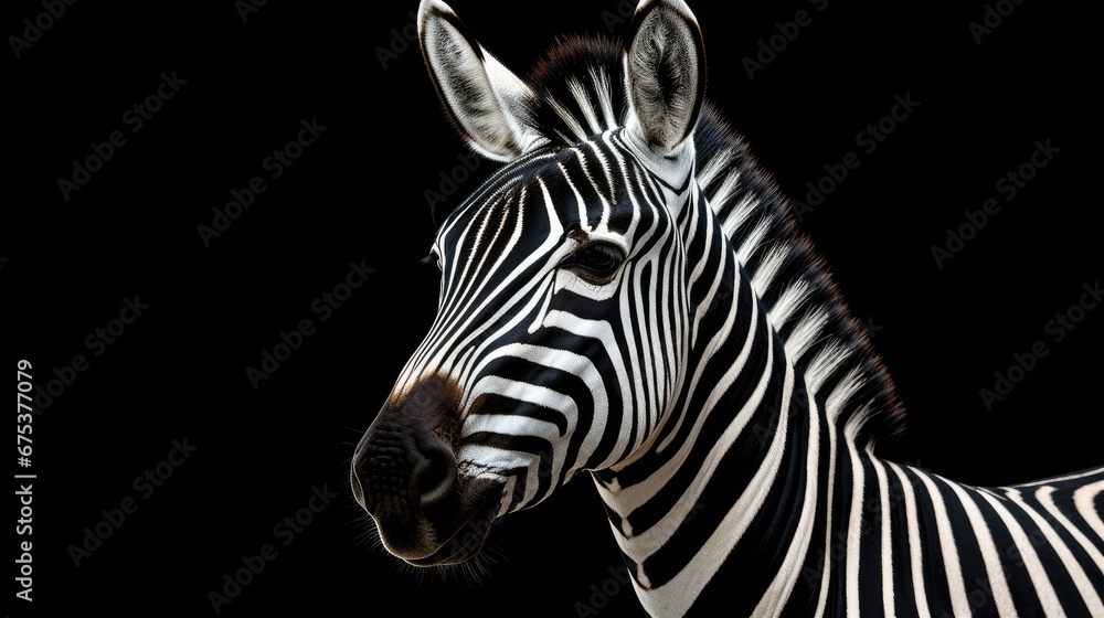 Poster a close - up of a zebra's head against a black background with only the head of the zebra visible. g