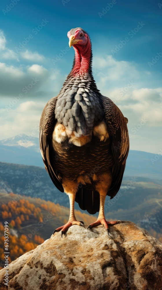 Poster a close up of a bird on a rock with a mountain in the back ground and clouds in the sky. generative 