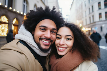 Interracial couple in city on winter Europe vacation