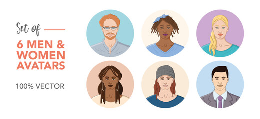 set of 6 vector avatars of men and women