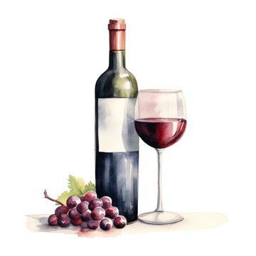 bottle of wine and grapes watercolor 
