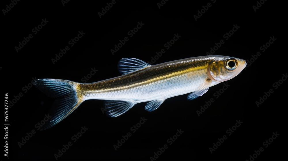 Poster a close up of a fish on a black background with a reflection of it's body in the water. generative a