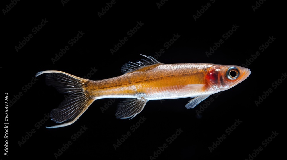 Poster  a close up of a fish on a black background with a reflection of it's head in the water.  generative ai