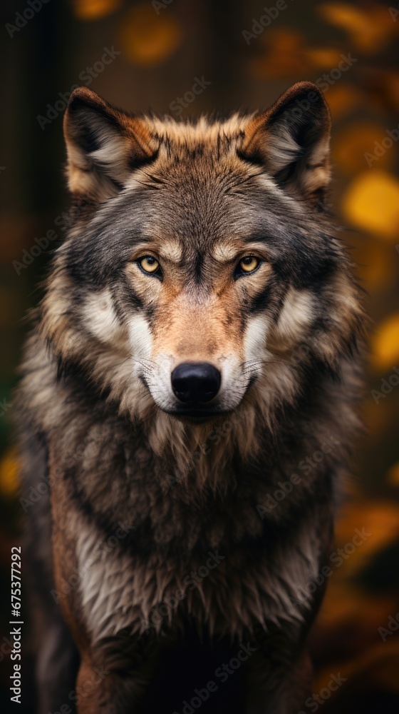 Poster a close up of a wolf's face with a background of leaves in the foreground and a blurry image of leav