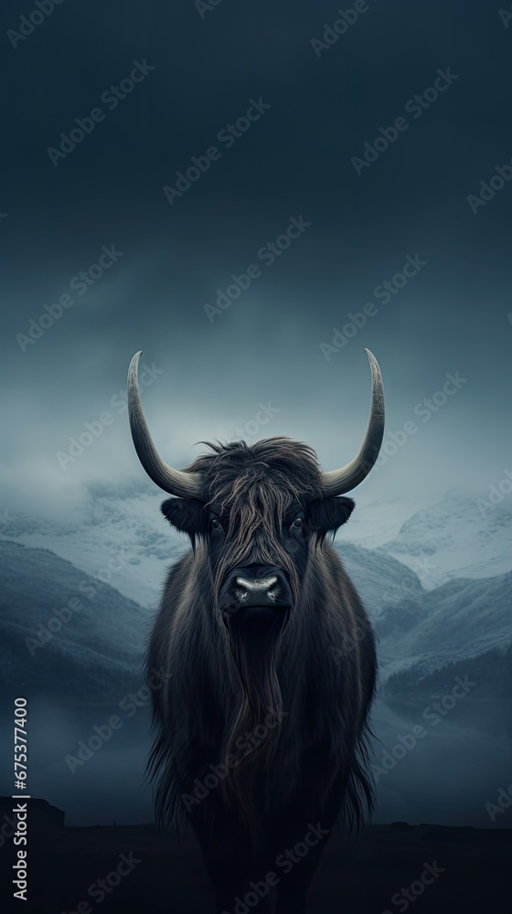 Poster a bull with long horns standing in a field with mountains in the background and dark clouds in the s