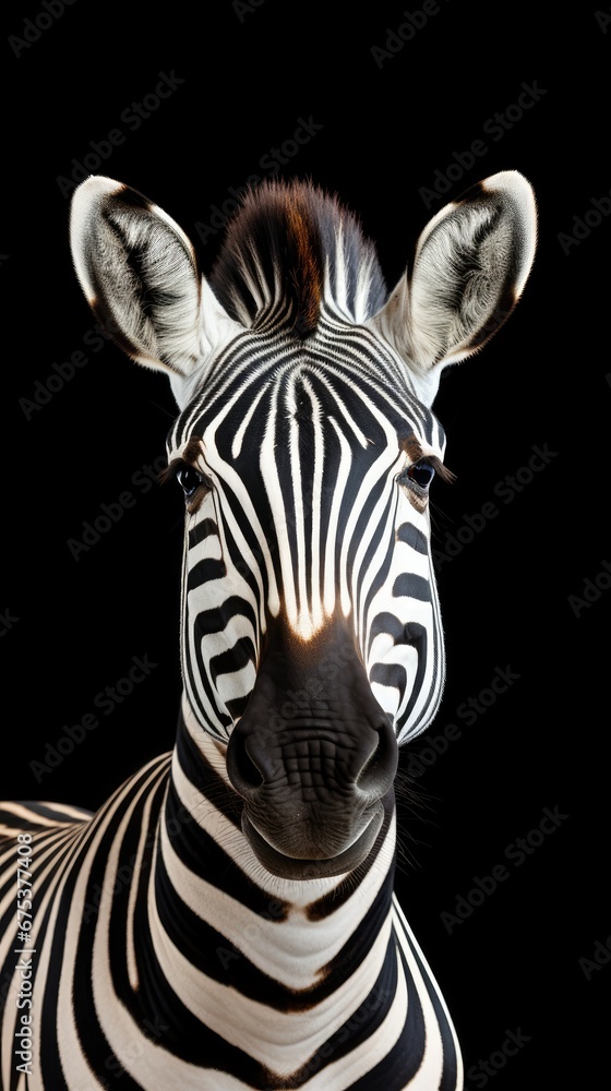 Poster a close - up of a zebra's head against a black background with the light coming from the top of the 