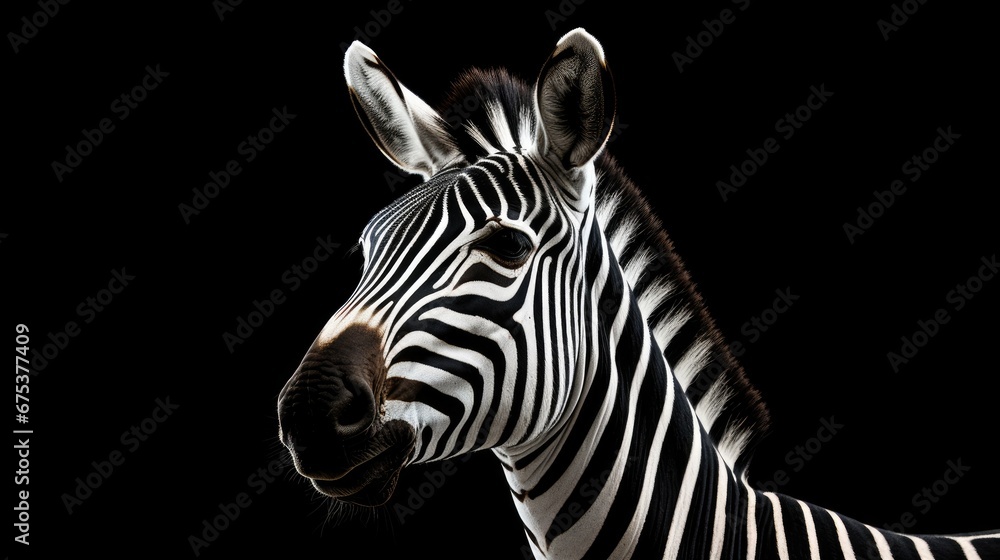 Poster a close up of a zebra's head on a black background with its mouth open and it's tongue out. generati