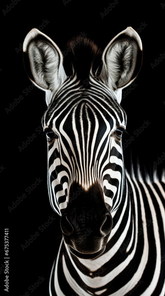 Poster a close - up of a zebra's face in the dark with its head turned towards the camera lens. generative 