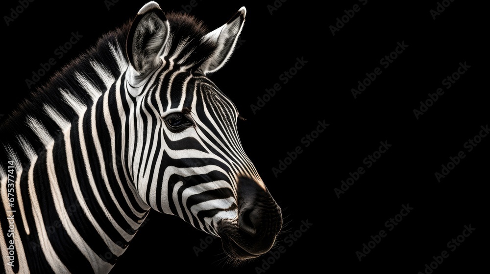 Poster a close up of a zebra's head on a black background with a light shining on the zebra's head. generat