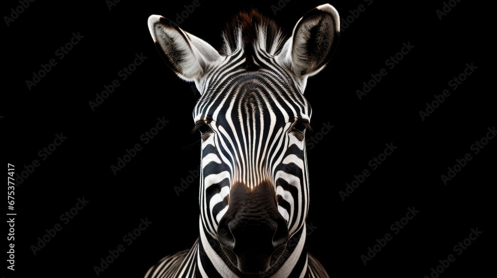 Poster a close up of a zebra's head on a black background with a light shining on the zebra's head. generat