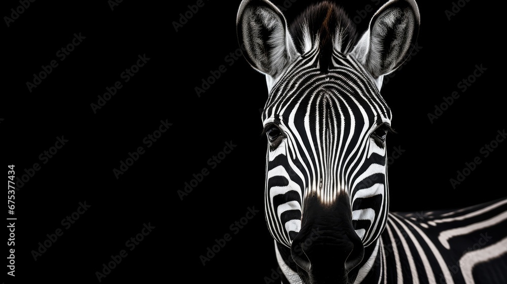 Poster a close up of a zebra's face on a black background with only the zebra's head visible. generative ai
