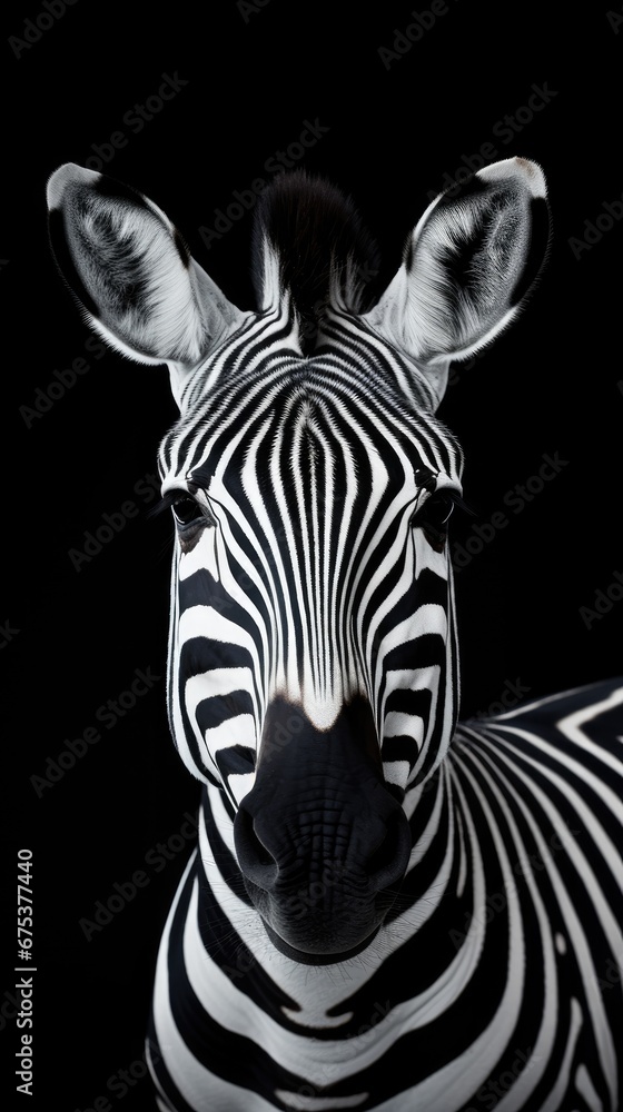 Poster a close up of a zebra's head with a black background and a black background with a black background.
