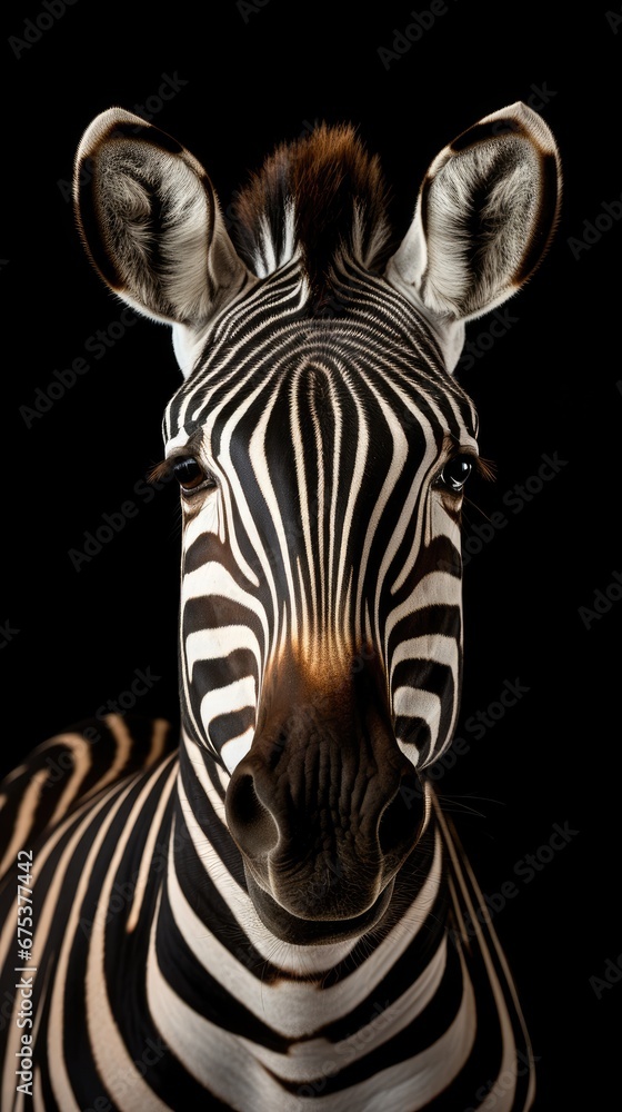 Poster a close up of a zebra's face on a black background with its head turned to the side and looking at t