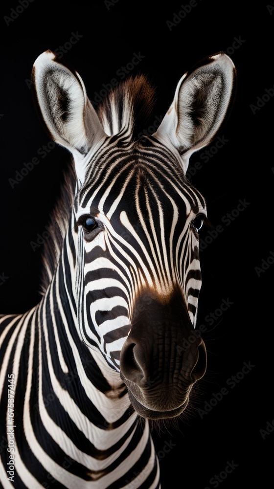 Poster a close up of a zebra's face on a black background with a light shining on the zebra's head. generat