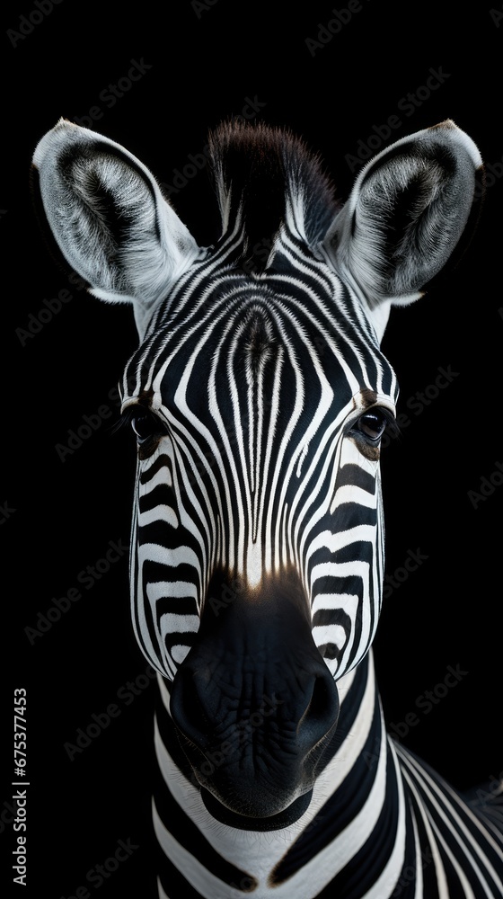 Poster a close up of a zebra's face on a black background with a light shining on the zebra's head. generat