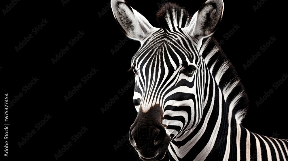 Poster a close up of a zebra's face on a black background with its head turned to the side and it's head tu