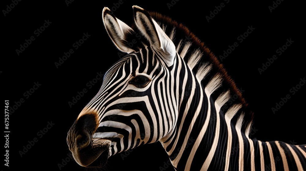 Poster a close up of a zebra's head with its mouth open and it's head turned to the side. generative ai