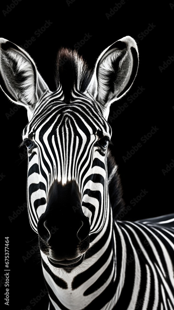 Poster a close up of a zebra's face with its eyes wide open and looking at the camera with a black backgrou