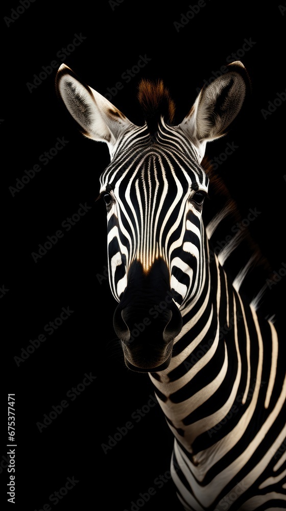 Aufkleber a close up of a zebra's head on a black background with a light shining on the zebra's head. generat