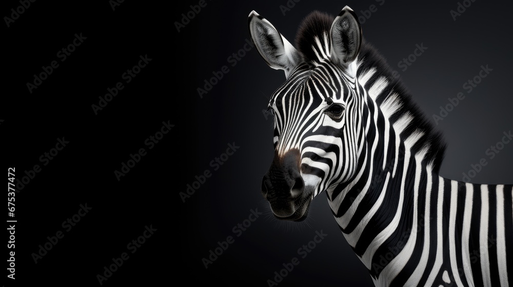 Poster a close up of a zebra's head on a black background with a black background and a black background. g