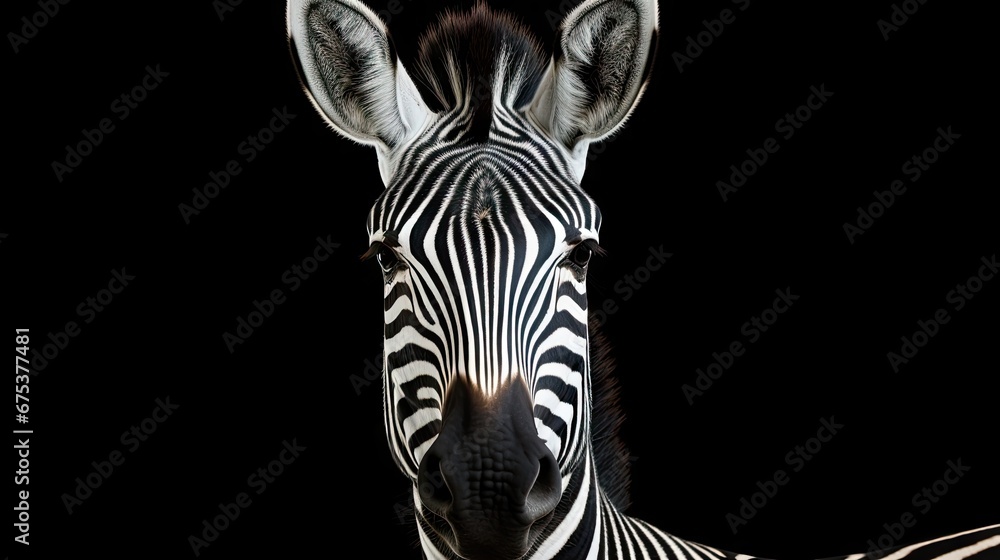 Aufkleber a close up of a zebra's head on a black background with a light shining on the zebra's head. generat