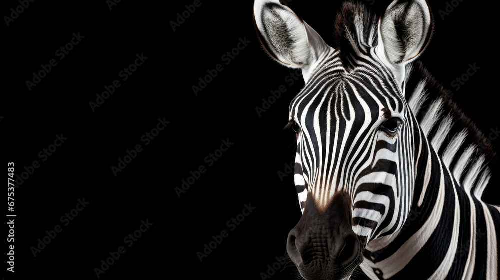 Aufkleber a close up of a zebra's head on a black background with a light shining on the zebra's head. generat