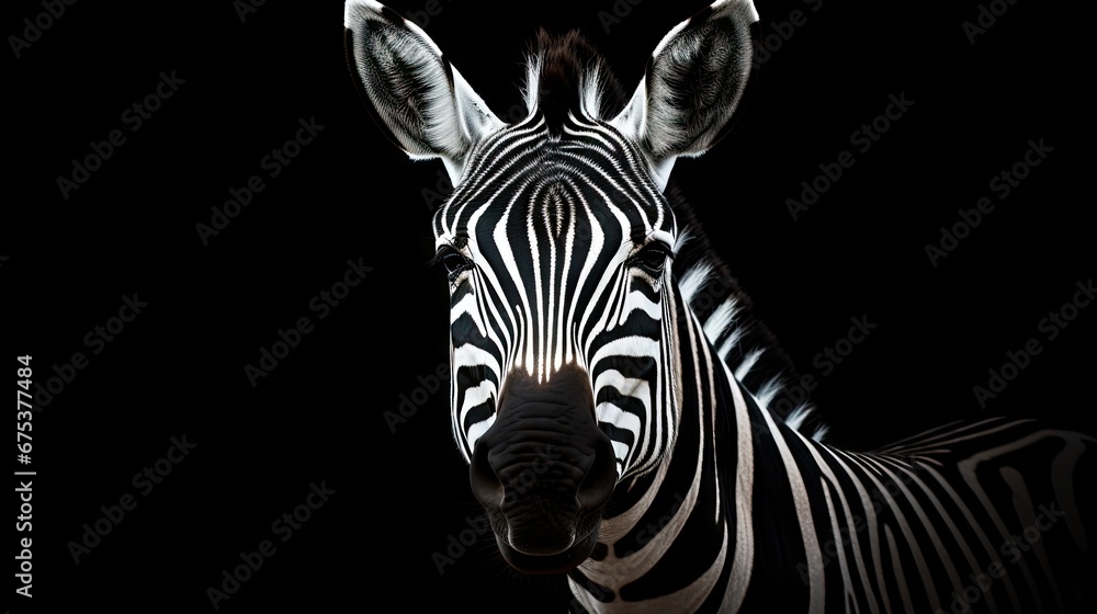 Poster a zebra standing in the dark with its head turned to the side and it's head turned towards the camer