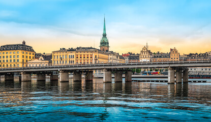 View of Gamla Stan in Stockholm, Sweden. Bridge over the river.