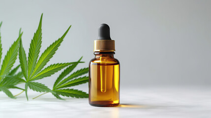 Fototapeta premium CBD oil bottle among cannabis leaves. Mockup design for medical CBD, THC tincture product.