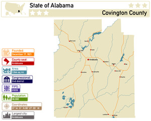 Detailed infographic and map of Covington County in Alabama USA.