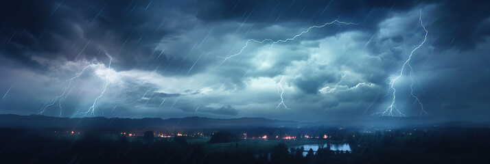 Panorama Dark cloud at night with thunder bolt. Heavy storm bringing thunder, lightnings and rain in summer.