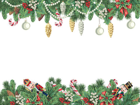 Christmas frame with fir branch, mistletoe, balls, nutcracker, toy, candy cane. New Year holiday decoration.