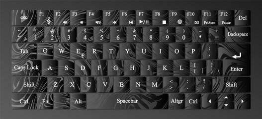 Vector modern qwerty Keyboard Layout Stencil cut. Marble background.