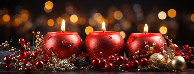 Wide luxury Xmas wallpaper banner in red and gold vibes with candles and Christmas light balls in blurred textured background    
