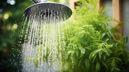 Water coming out of a shower head in an outdoor shower full of plants, frozen water movement.