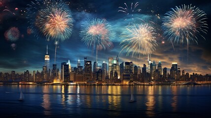 a vibrant, multicolored fireworks exploding in the night sky, casting a mesmerizing glow over the cityscape below, capturing the essence of celebration and joy.