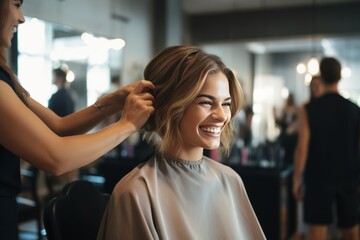 Young Woman Experiencing a Trendy Haircut in a Modern Salon - obrazy, fototapety, plakaty