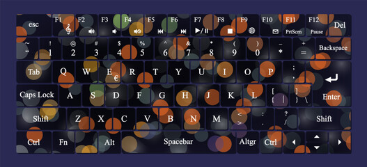 Vector modern qwerty Keyboard Layout Stencil cut. Bokeh lights background.