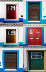 Collage of doors with vivid colors from Vila Nova de Milfontes, Portugal
