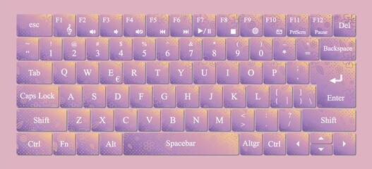 Vector modern qwerty Keyboard Layout Stencil cut. flower pattern background.
