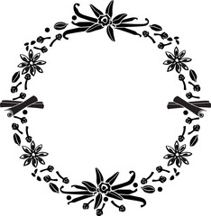 Round frame made of spices. Vanilla cardamom, cloves, cinnamon, star anise - vector silhouette. Frame with spices for stenciling, printing or cutting out